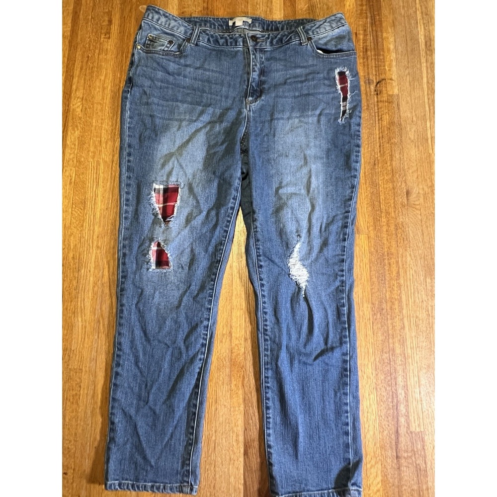 Woman Within 16W Tall Blue Denim Distressed Flannel Patch Straight‎ Leg Jeans